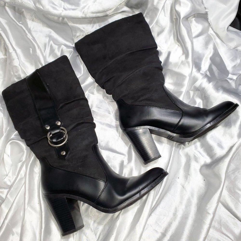 ROUTE 66 black thick high heel suede motorcycle boots SZ 9